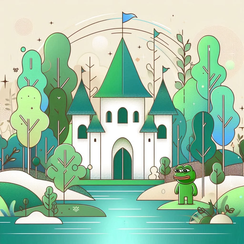 A white castle with green pointed roofs among rounded green trees, beside turquoise water. Pepe stands on the far bank, to the right.