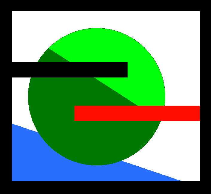 A large green circle, half light and half dark, crossed by a black bar from the left and a red bar from the right, over a blue slope, inside a thick black frame.