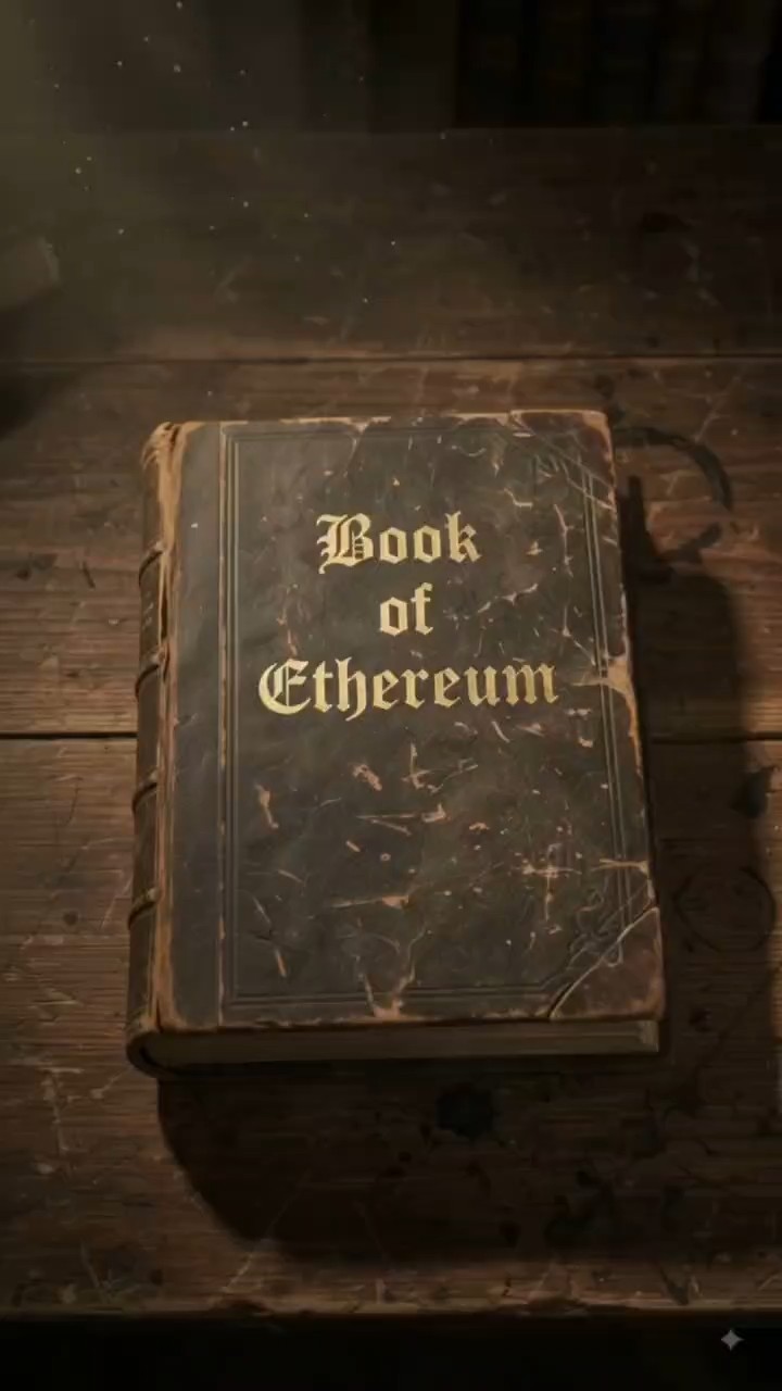 The Book of Ethereum, closed, on a wooden desk